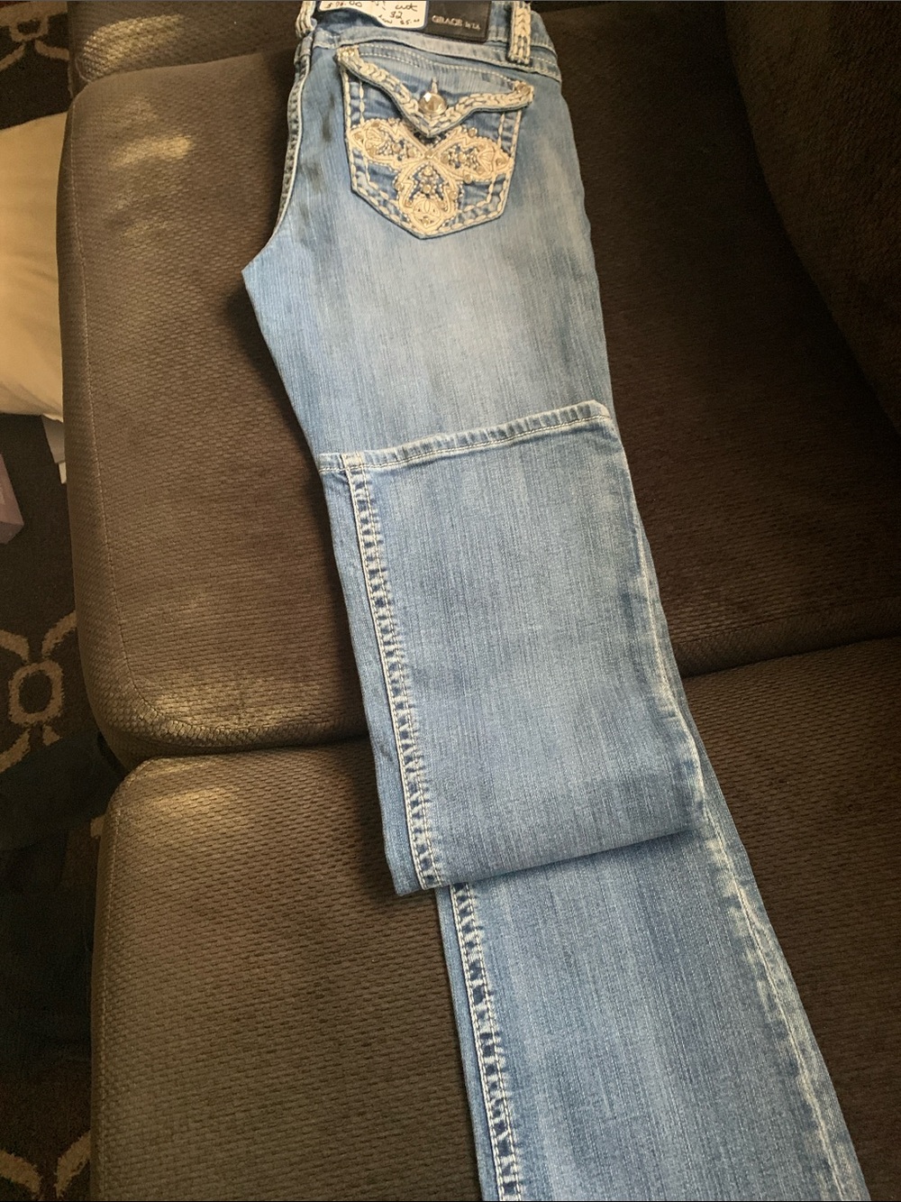 Grace in LA Light Blue Embroidered Pocket Boot Cut Jeans